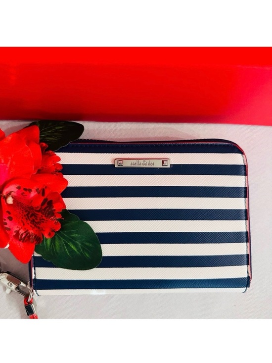 Stella & Dot Handbags - STELLA & DOT ~ Navy and White Striped Wristlet w/Red Trim Tan Strap and Interior